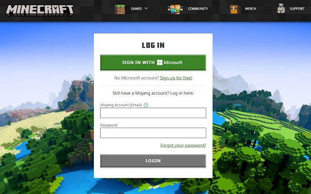 Login page of minecraft