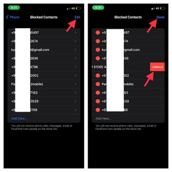 Blockierte Kontakte für die Nachrichten-App für iOS verwalten