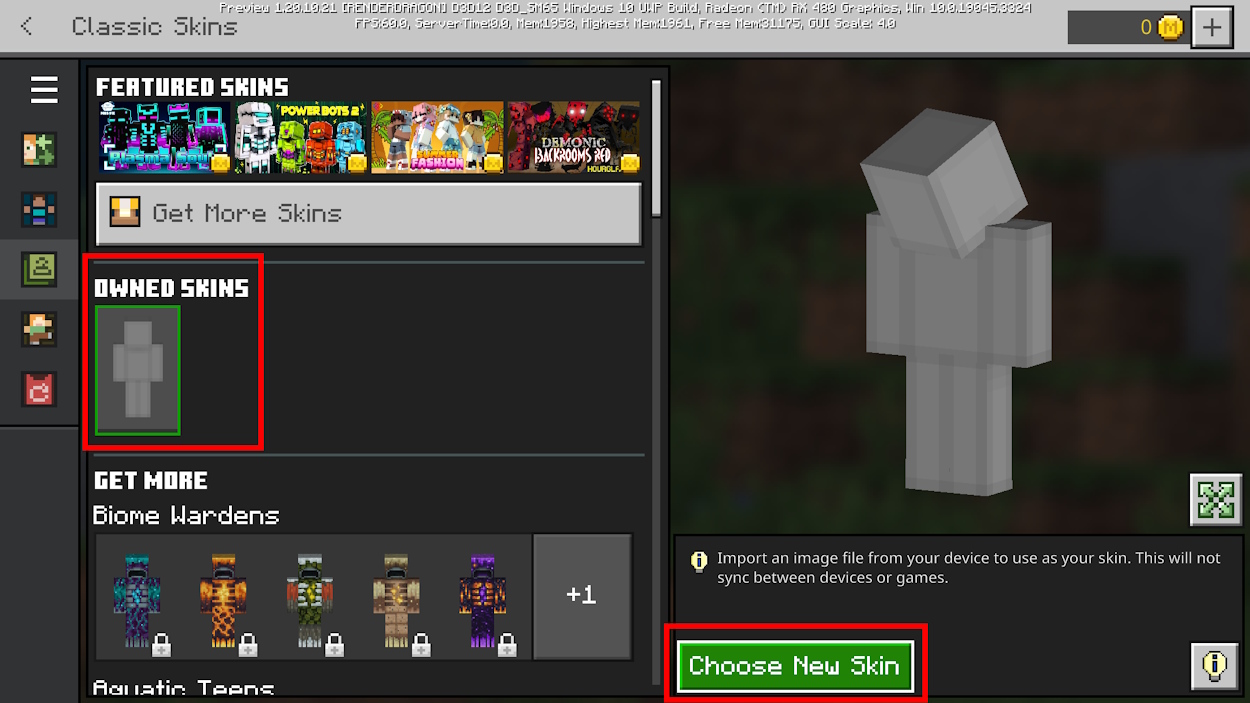 Click on the Choose New Skin button