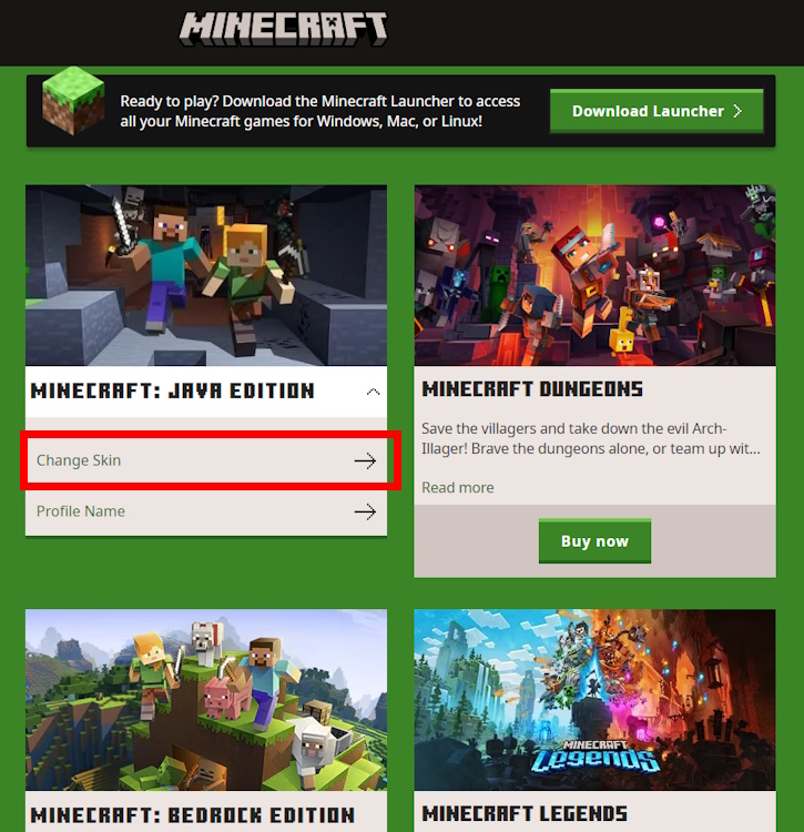 Select the Change Skin button below the Java edition of Minecraft to open the skin upload page