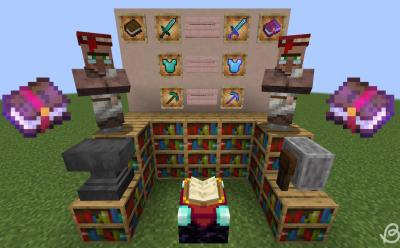 Enchanting table set-up, enchanted items and books, as well as librarians in this Minecraft enchantments guide