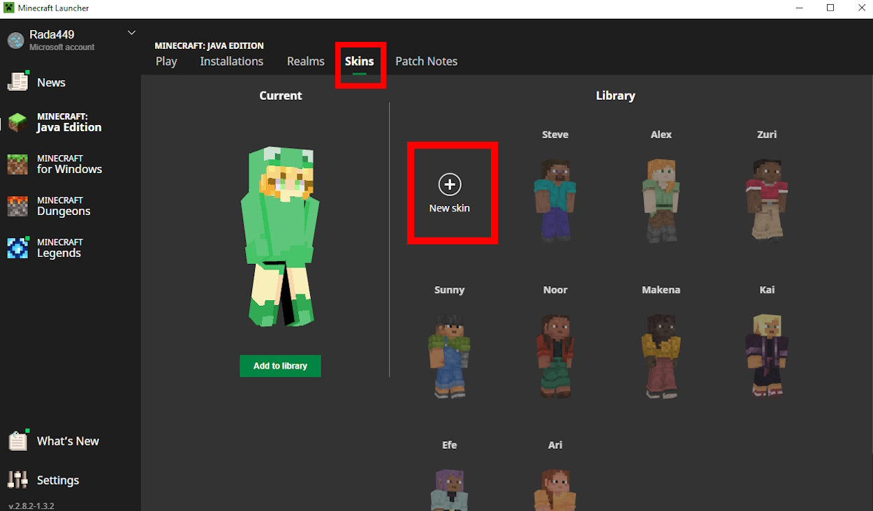Select the Skins tab and click on the "+" sign button to switch to the upload skin section