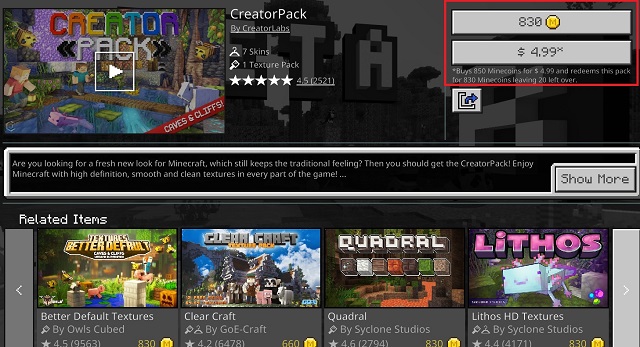 Minecraft texture packs page in marketplace