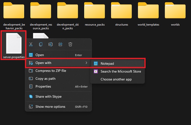 Open Minecraft server properties in notepad