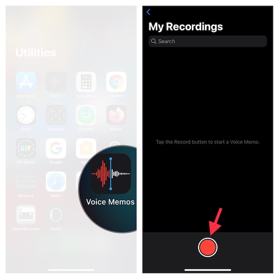 Open Voice Memos app on iPhone and iPad