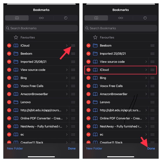 Reorder Safari bookmarks on iPhone and iPad