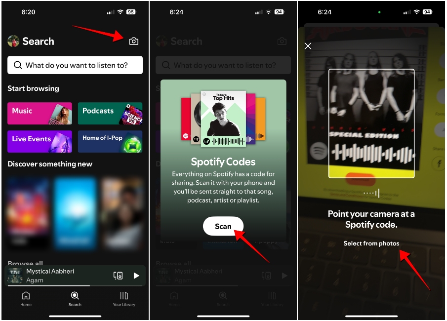 screenshots previewing the process of scanning Spotify codes using the Spotify app on an iPhone