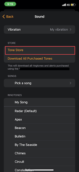 Выберите Tone Store в приложении «Часы».