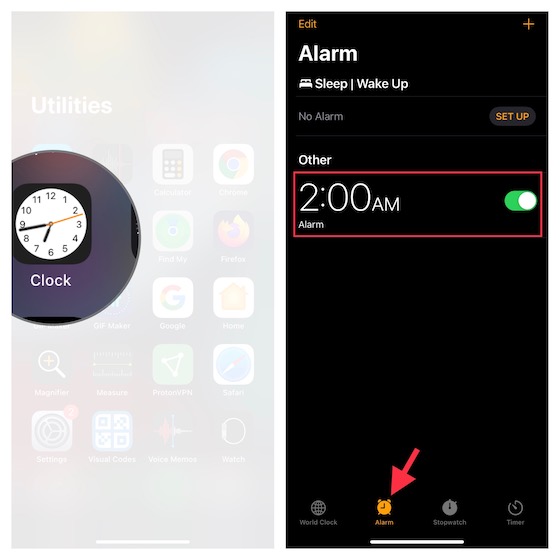 Select alarm in the Clock app for iOS