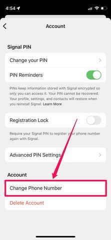 change phone number option in signal ios app settings