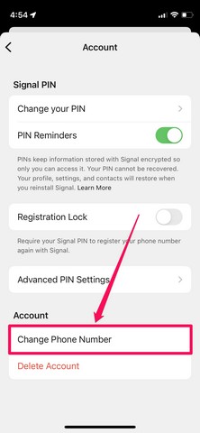 Changer L'Option De Numéro De Téléphone Dans Les Paramètres De L'Application Signal Ios