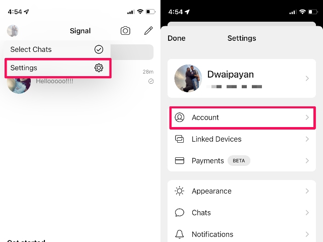 Account settings in signal ios app