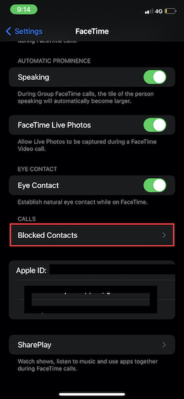 اضغط على جهات الاتصال المحظورة في إعدادات FaceTime على iOS