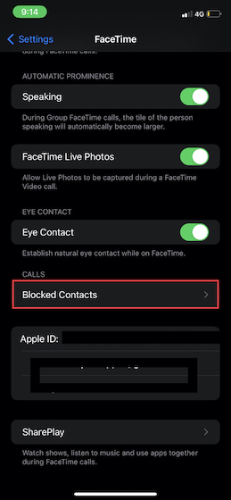 Tap Blocked Contacts in FaceTime settings on iOS