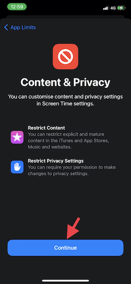 Tap Continue in Screen Time on iOS