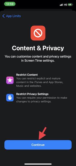 Tap Continue in Screen Time on iOS