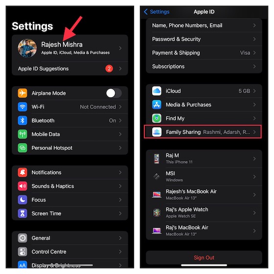 Tap Family Sharing in iOS settings 