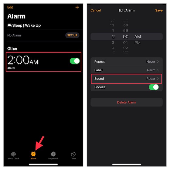 Нажмите «Звук» для будильника в приложении «Часы» для iOS.