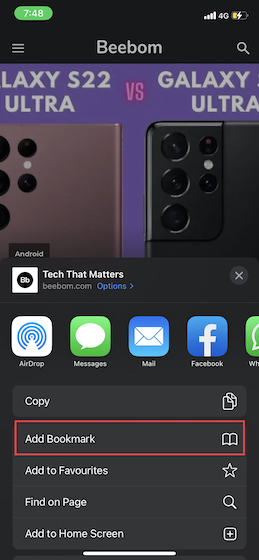 Tap on Add Bookmark in Share Sheet on iOS