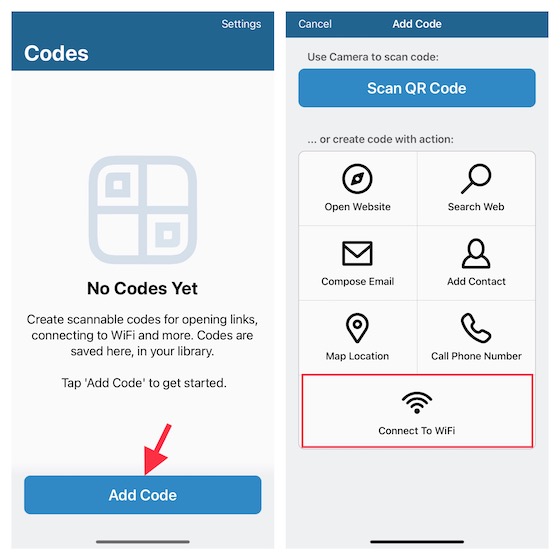 Tap on Add code in the Visual Code app for iOS