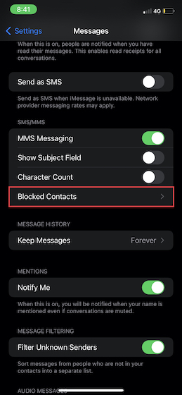 Tippen Sie auf Blockierte Kontakte in der Nachrichteneinstellung auf iOS