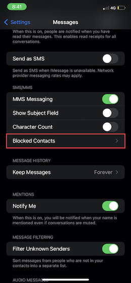 Appuyez Sur Les Contacts Bloqués Dans Le Paramètre Messages Sur Ios