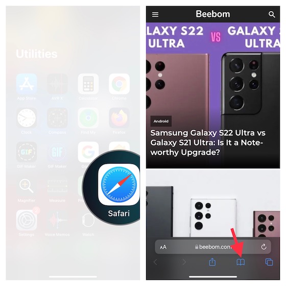 Tap on Bookmark icon in Safari on iOS