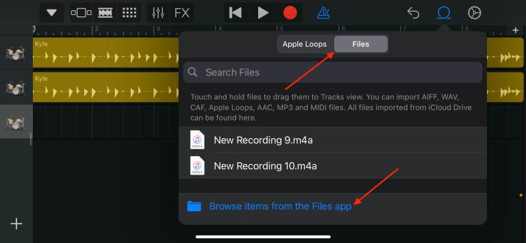 Import audio in GarageBand app 