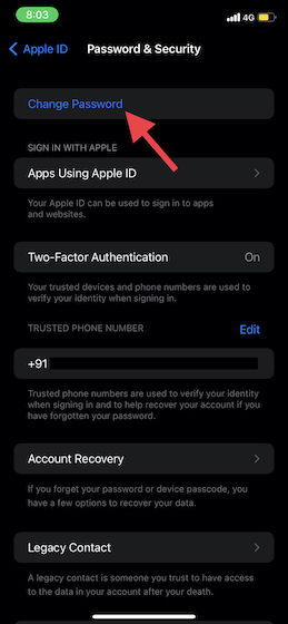 Tap on Change Password in iOS setting