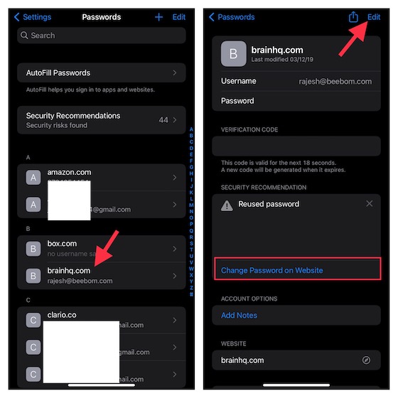 Edit saved password for websites on iPhone