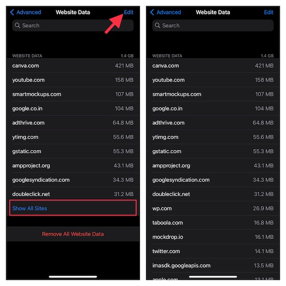 Tap on Edit in Safari setting on iOS