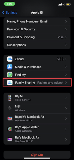 Tap on Family Sharing iOS