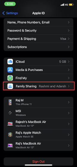 اضغط على Family Sharing iOS