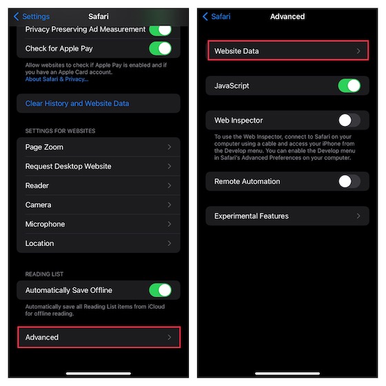 Tap on Website Data in Safari setting on iOS