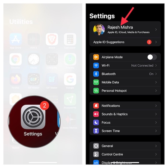 Tap profile in iOS settings