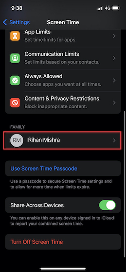 Tap your child's name screen time
