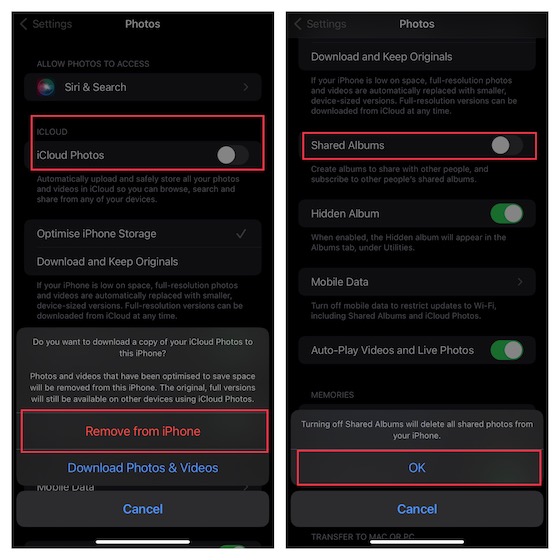 Turn off iCloud Photos on iPhone and iPad