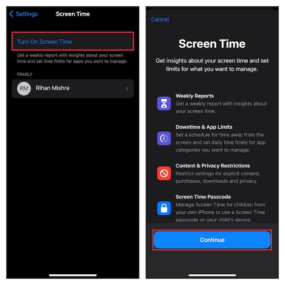 Turn on Screen Time for a child