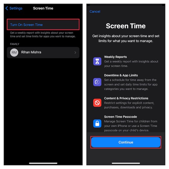 قم بتشغيل Screen Time لطفل