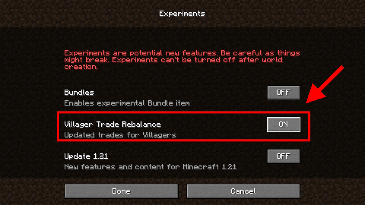 Enabling Villager Trade Rebalance experimental feature in Java edition
