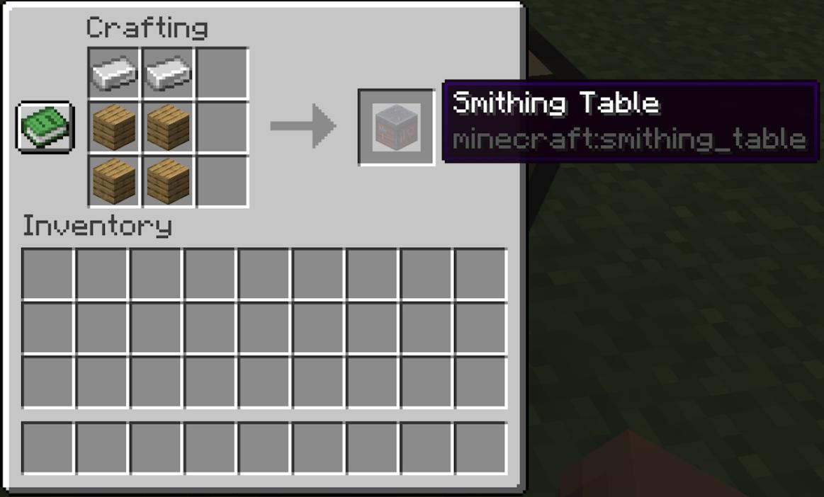 Crafting recipe for a smithing table