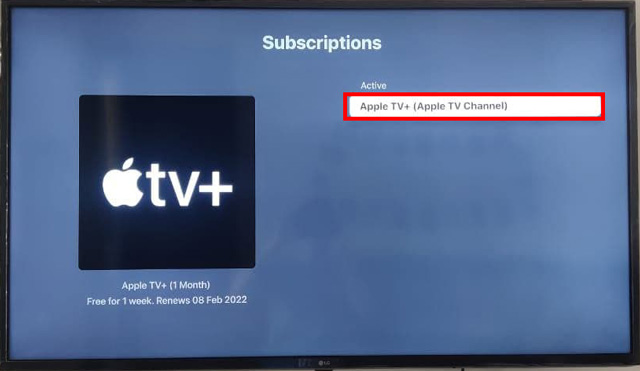 Apple TV+ option under active subscription on a Smart TV