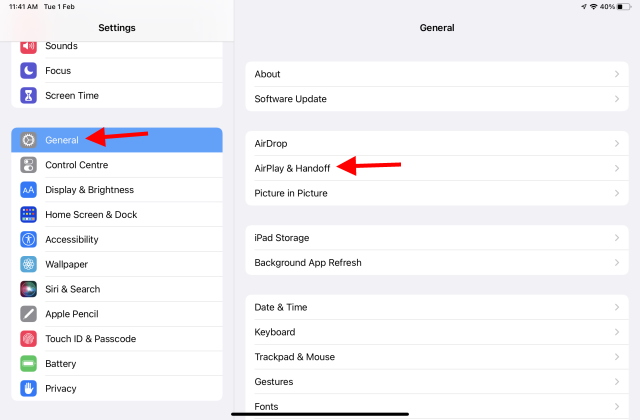 Gehen Sie zu den AirPlay- und Handoff-Einstellungen auf dem iPad