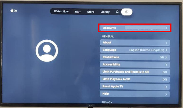 account options in Apple TV+ app on a Smart TV