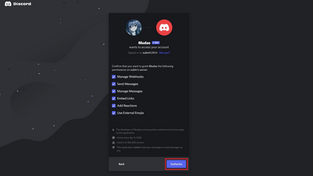 authorize discord bot