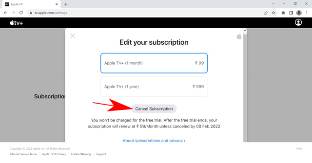 confirm canceling apple tv+ subscription on a web browser.