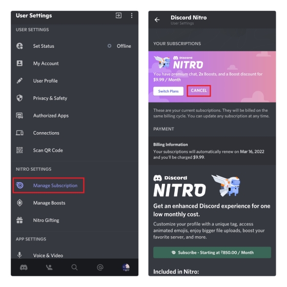 cancel discord nitro mobile