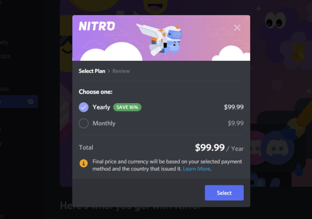choose monthly or yearly discord nitro subscription