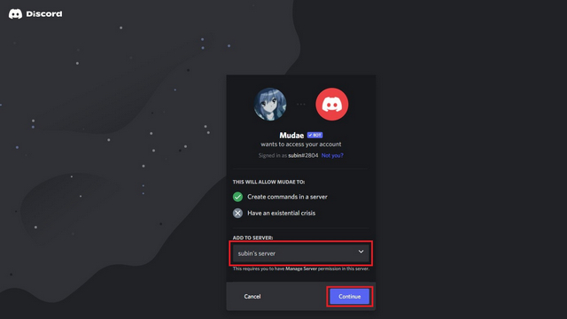 choose server to add discord bot