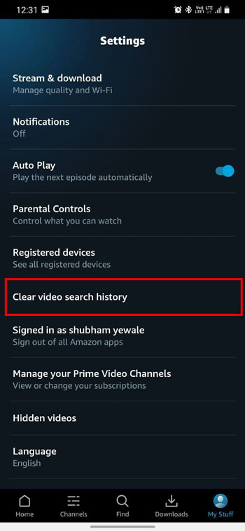 clear search history on prime video mobile application